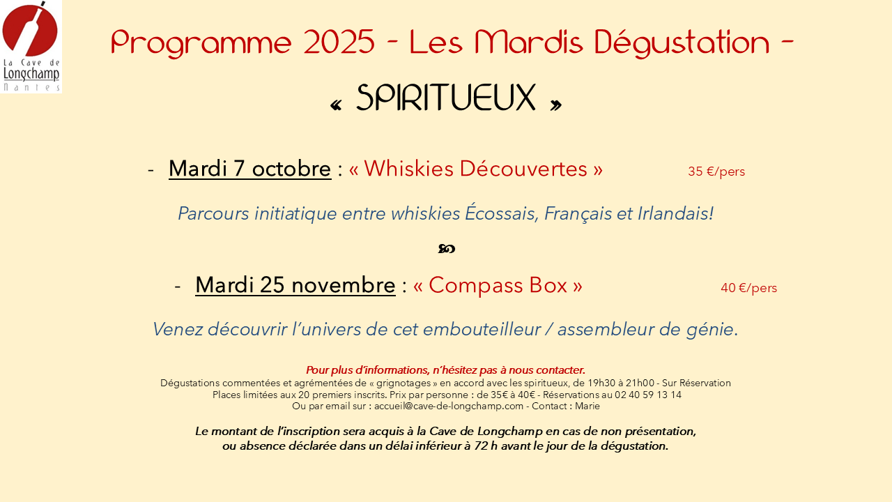 Mardi degust Spiritueux programme 2025 7 octobre et 25 nov 25