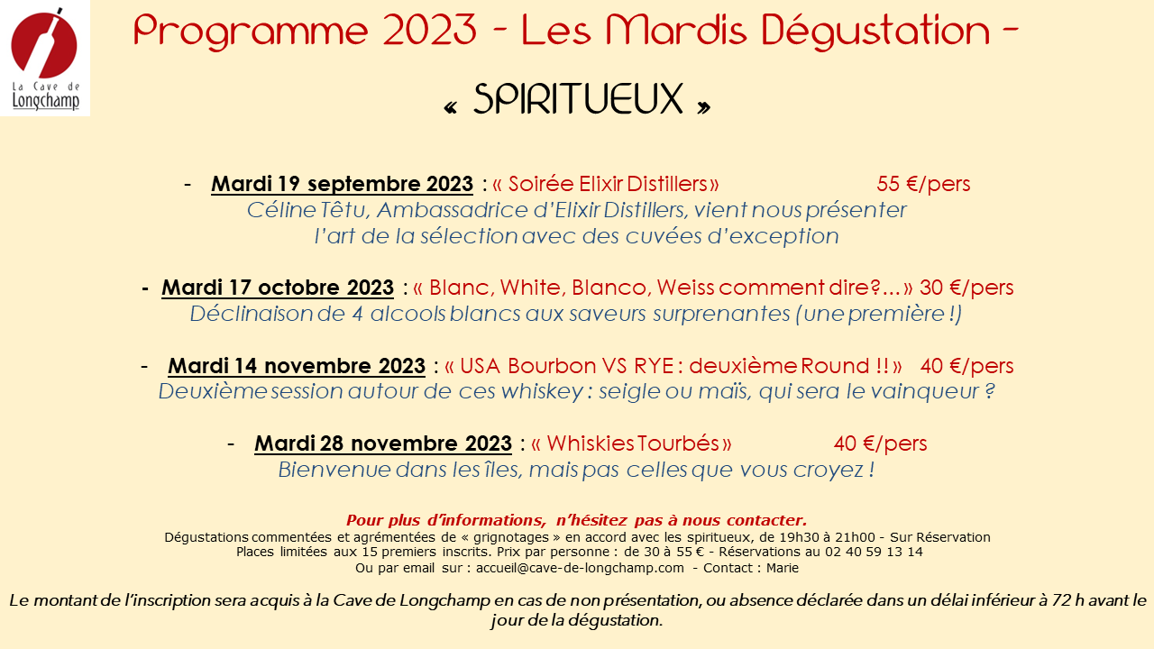 Mardi degust Spiritueux programme 2me semestre 2023